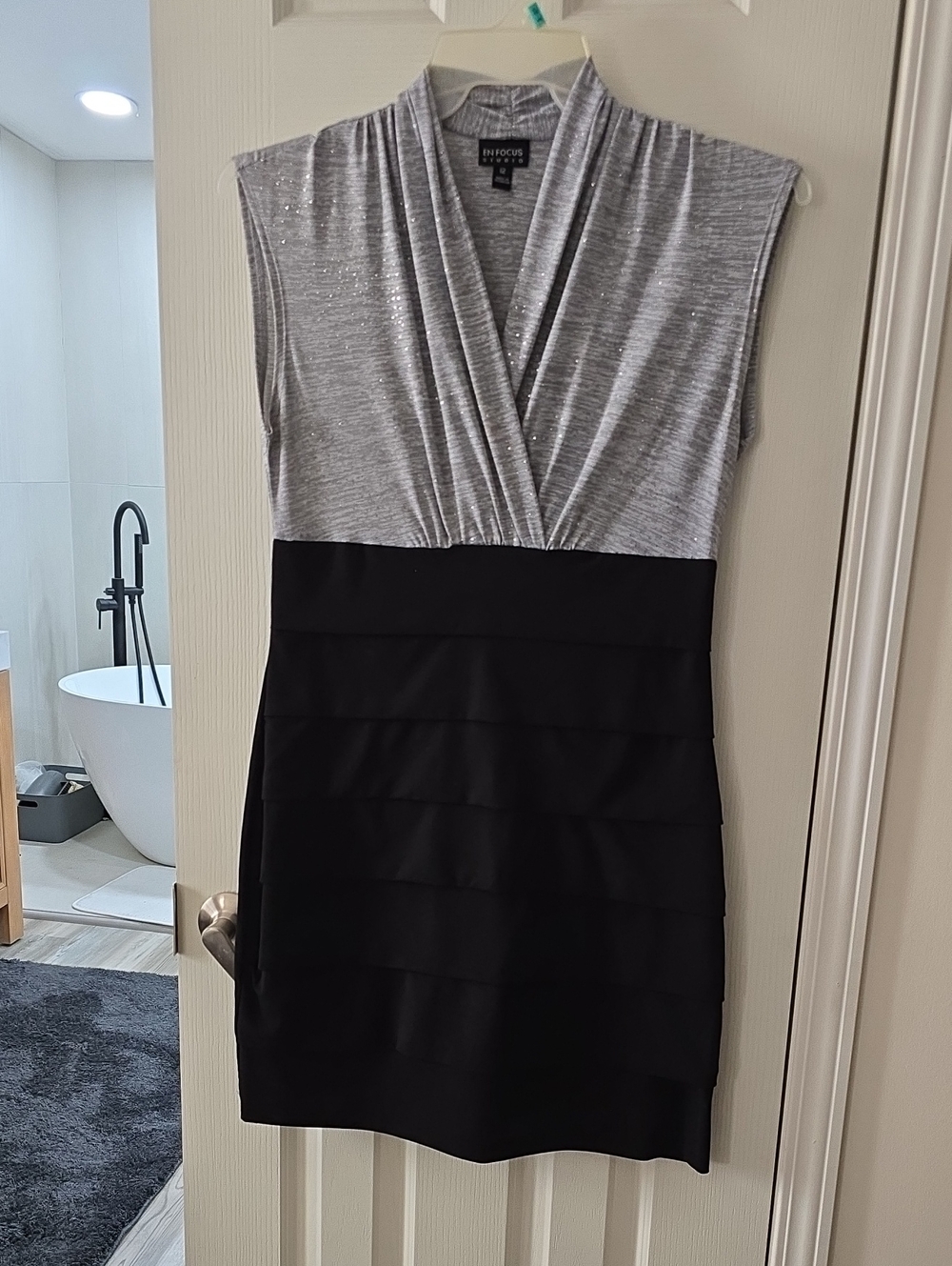 Enfocus Studio Silver and Black Sleeveless Wrap-Style Mini Dress
